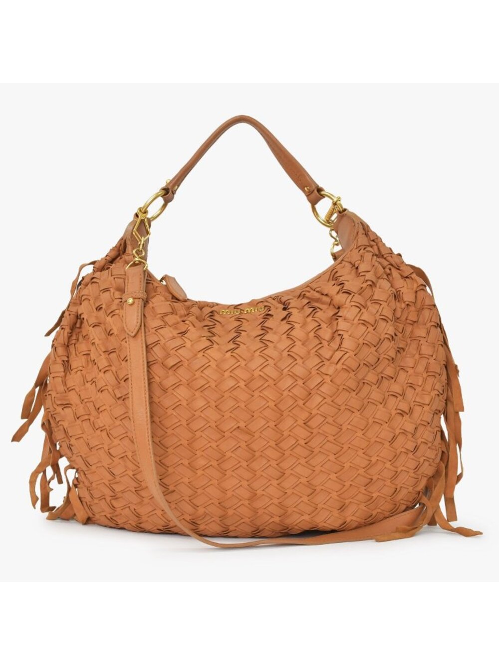 Miu Miu Intrecciato 2-Way Leather Shoulder Fringe Hobo Brown Lambskin Gold